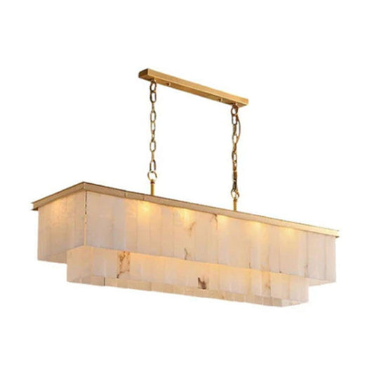 2 Tier Alabaster Rectangle Long Chandelier lamp 120CM in brass for dining room