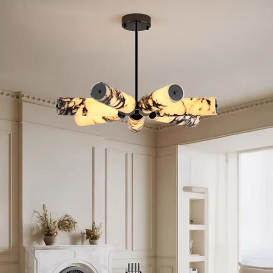 7-Light Chandelier in Soft Black with Marble Nature Shade for Living Spaces