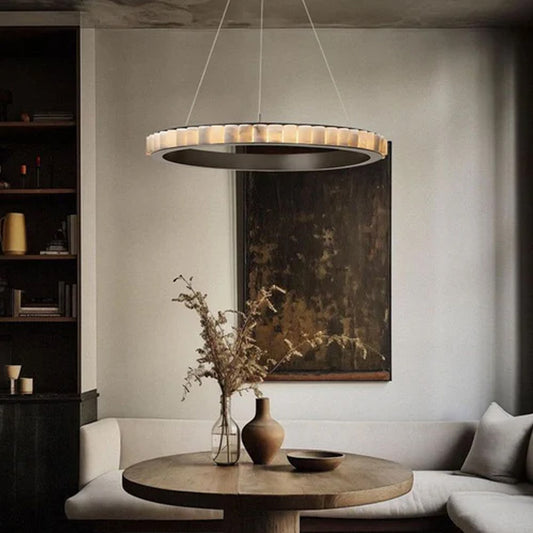 LED Black/Golden large ring chandeliers with marble plate lampshade, layers combination