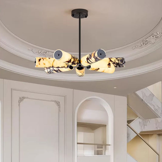 7-Light Chandelier in Soft Black with Marble Nature Shade for Living Spaces