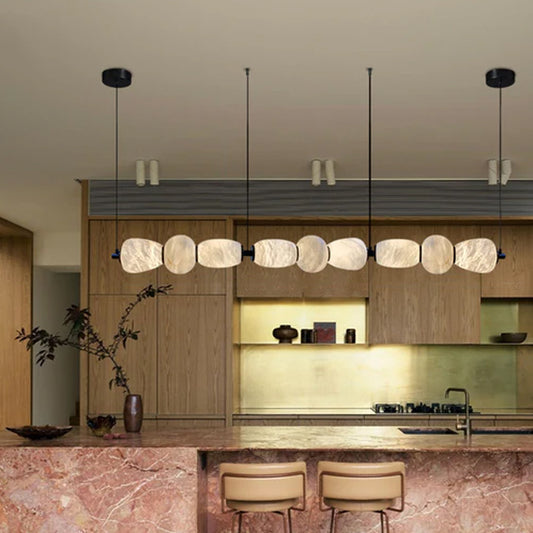 6-light Antique Brass String Hanging Light with Alabaster Stone Shade