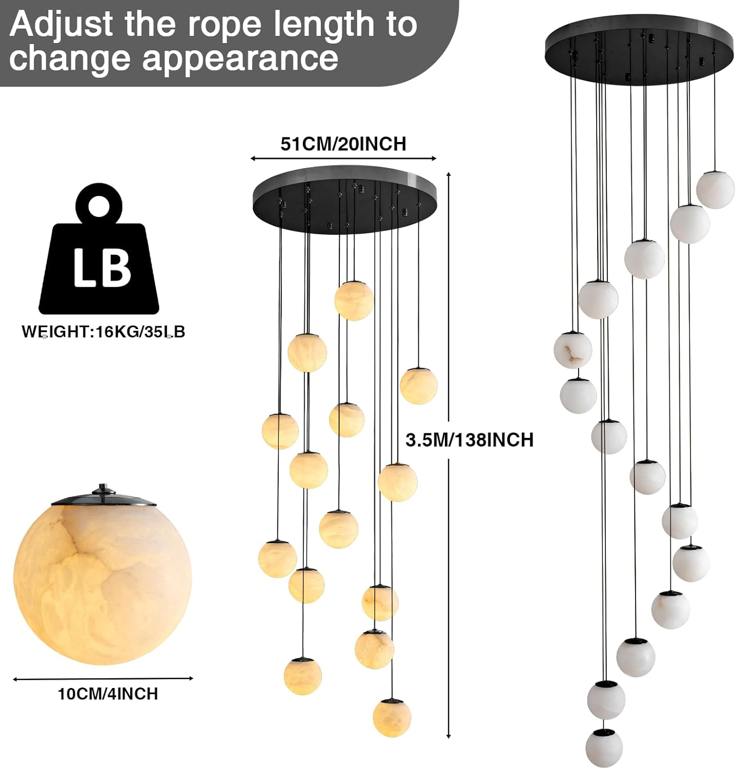 Gold Alabaster Chandelier,14-Lights Staircase Chandelier for Entryway, Modern Marble Hanging Light Fixture, Hight Ceiling, Foyer, Living Room, Staircase, Entry