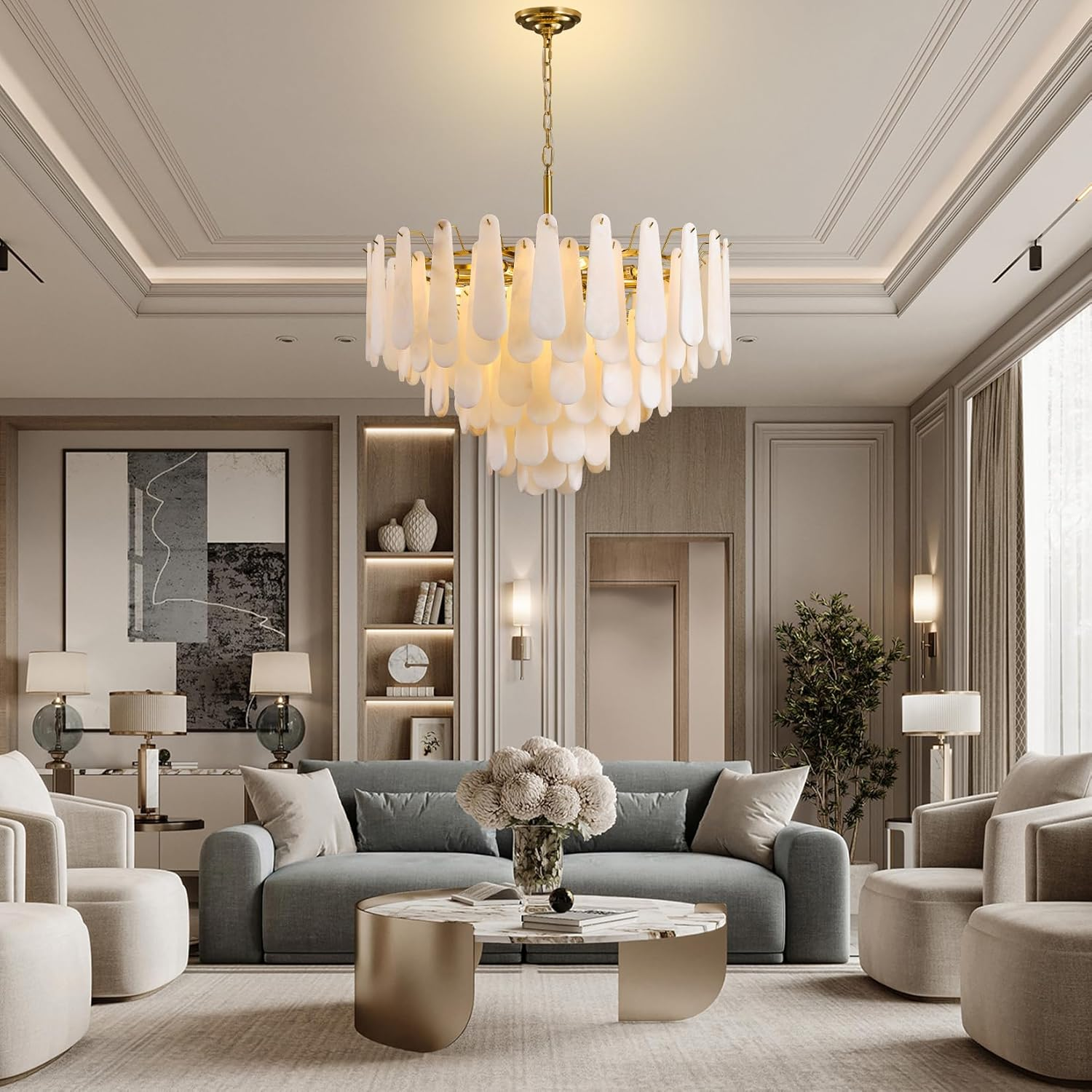 D31.5 in Modern Feathery Round Chandelier