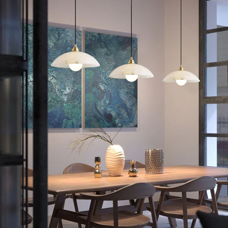 Alabaster Dome Pendant Light, Hanging Light 12'' Dia in Brass for Living Room