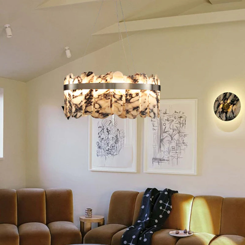 Modern LED Marble Round Chandelier 24" 32" Brushed Gold/Silver/Black Circle Frame