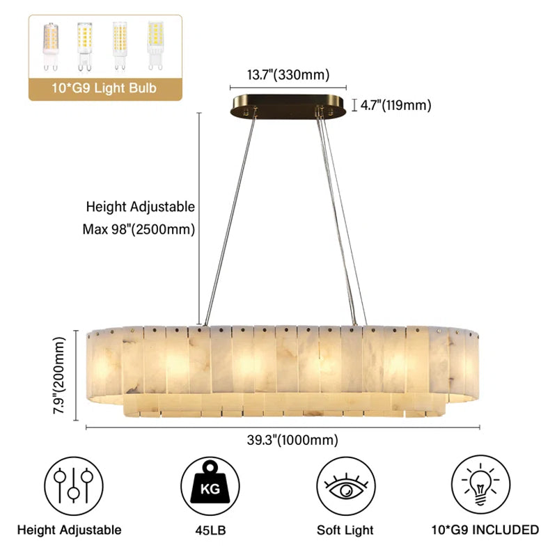 Alabaster Rectangular Chandelier for Dining Room, L39in Modern Chandeliers, Adjustable Marble Pendant Light Fixture, Rectangle Chandelier for Dining Table Living Room Kitchen Island (Bulbs INCL)