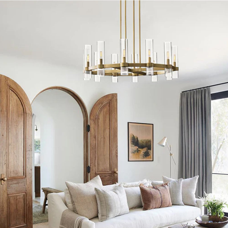 Foyer Dimming Lighting Vintage Brass Stainless Wheel Ravelle Clear Glass Round Chandelier