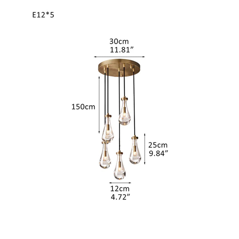Vintage Brass Rainfall Crystal Round Chandelier 13 lights Cluster Pendant Lighting Brass 5 Heads