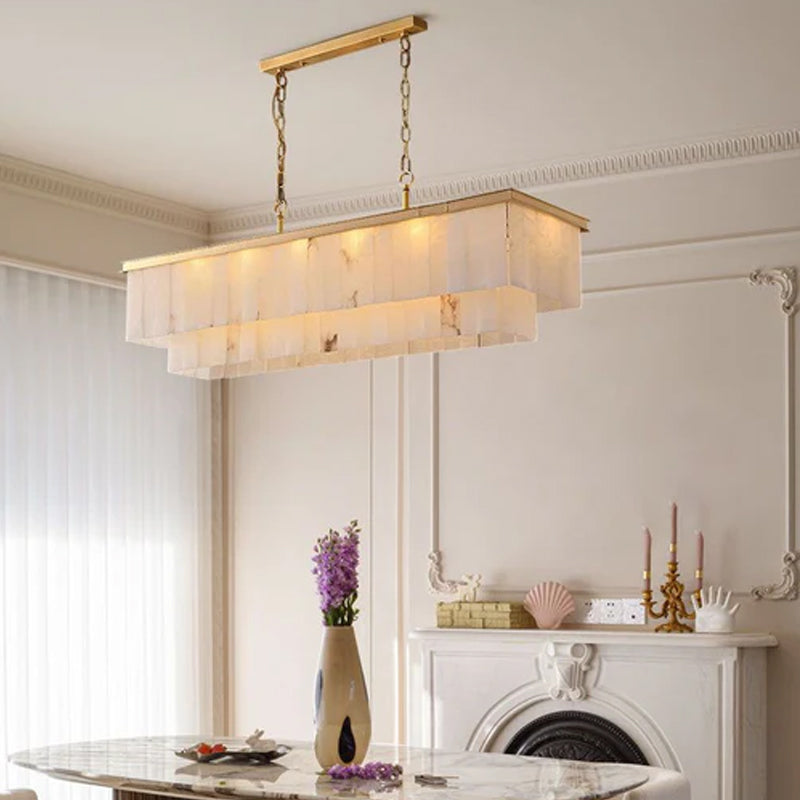 2 Tier Alabaster Rectangle Long Chandelier lamp 120CM in brass for dining room