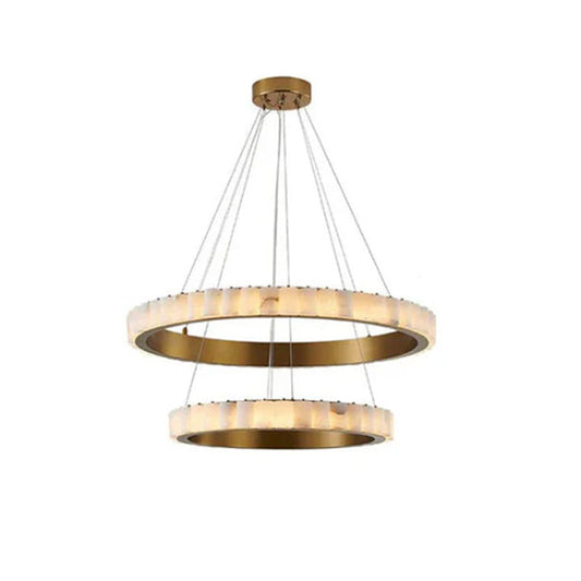 Triple Ring Alabaster Long Cord Chandelier Wide 22" 33" 49" | Brush Black/Gold Frame
