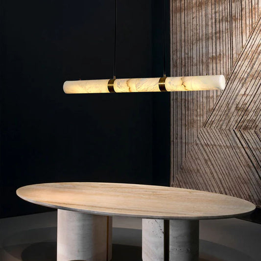 Minimalist restaurant kitchen island with natural Alabaster Chandelier