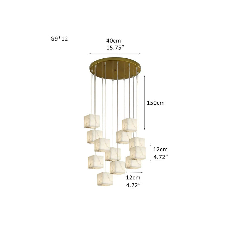 1/6/9/12/18/36-light G9 Alabaster Cluster Ceiling Pendant Lamp with Square Cube Design Brass 12 Heads