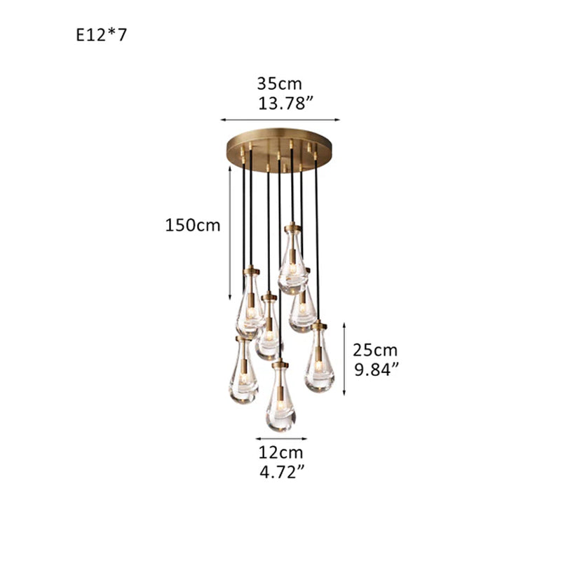 Vintage Brass Rainfall Crystal Round Chandelier 13 lights Cluster Pendant Lighting Brass 7 Heads
