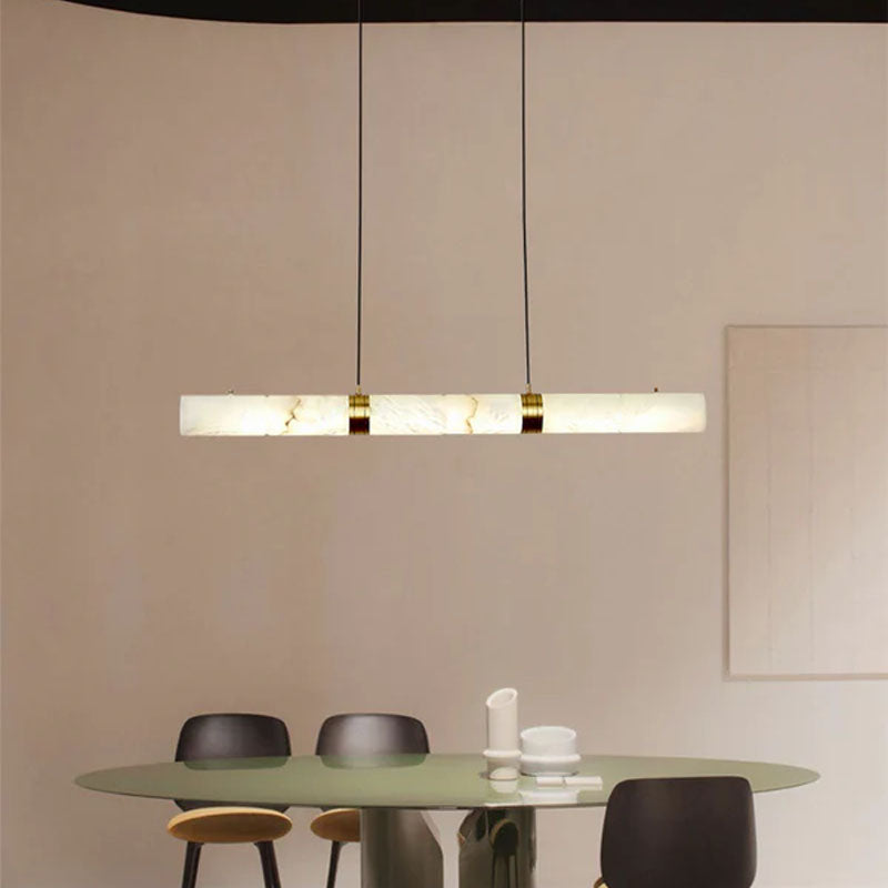 Minimalist restaurant kitchen island with natural Alabaster Chandelier