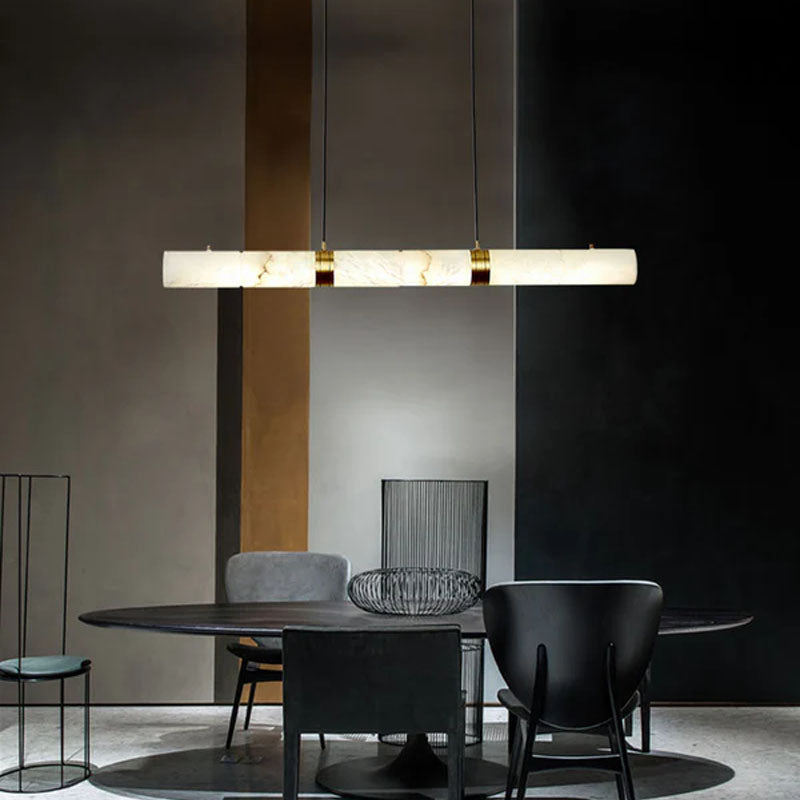 Minimalist restaurant kitchen island with natural Alabaster Chandelier