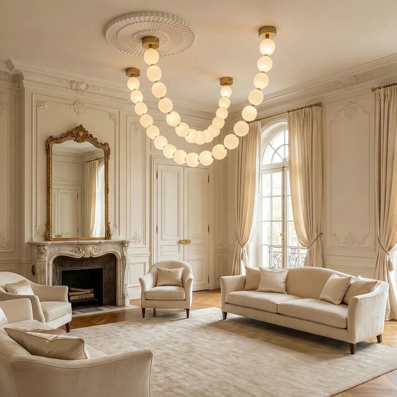 Luxurious Pearl Necklace Chandelier Brass 2 Chain: 14 Balls L 78.7″ + 18 Balls L 102.4″ (Ball: Dia 12cm ∅ 4.7″)