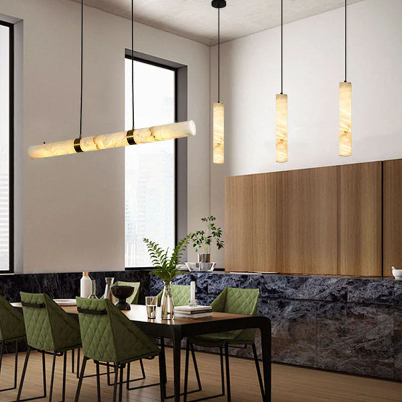 Minimalist restaurant kitchen island with natural Alabaster Chandelier
