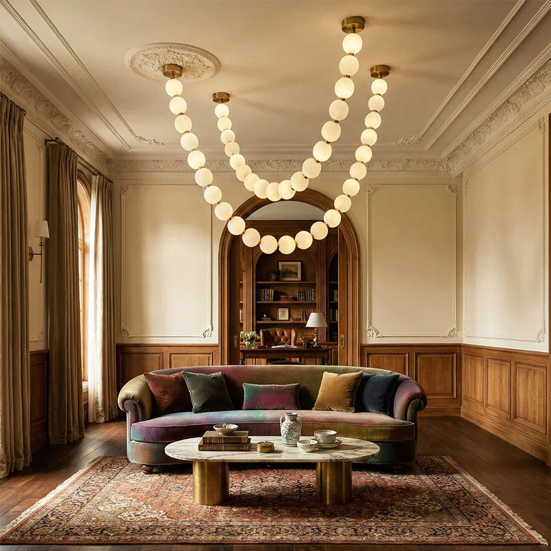 Luxurious Pearl Necklace Chandelier Brass 2 Chain: 18 Balls L 102.4″ + 23 Balls L 129.9″ (Ball: Dia 12cm ∅ 4.7″)