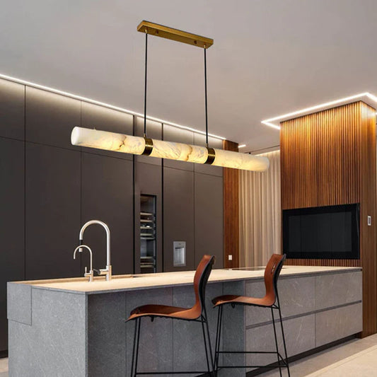 Minimalist restaurant kitchen island with natural Alabaster Chandelier