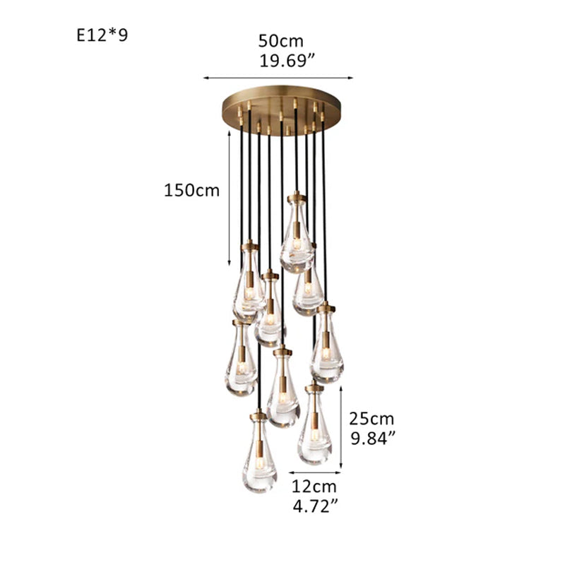Vintage Brass Rainfall Crystal Round Chandelier 13 lights Cluster Pendant Lighting Brass 9 Heads