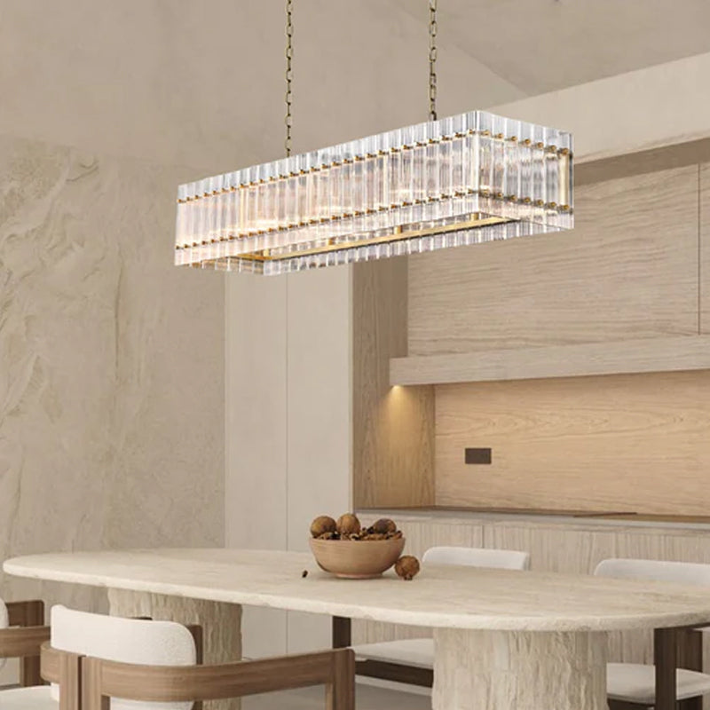 San Marco Rectangular Ribbed Glass Chandelier 40" 60" 72" in Antiqued Brass/Black Steel