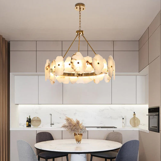 Luxury Irregular White Alabaster Round Chandelier Wide 60/80/100/120CM Brass Frame