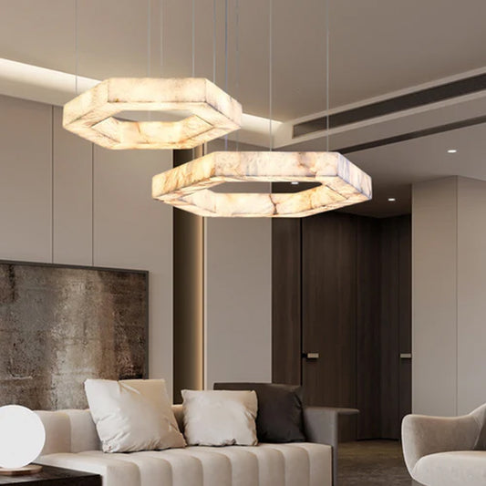 Hexagon Marble Pendant Lamp with adjustable cord & stepless dimming,23“31.5”Dia