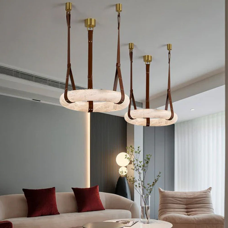 Round LED White Marble Pendant lamp with adjustable leather, Dia 12/16"