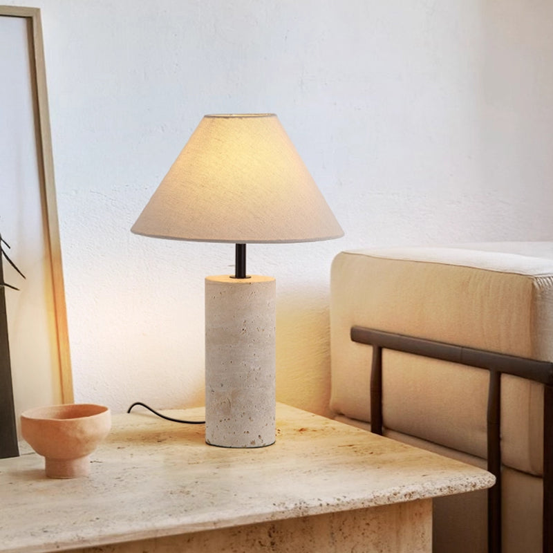 Yellow travertine table lamp with white lampshade