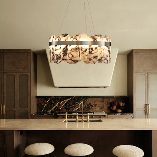 Modern LED Marble Round Chandelier 24" 32" Brushed Gold/Silver/Black Circle Frame