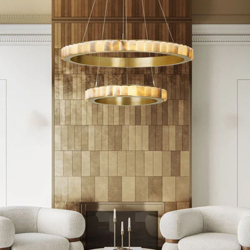 Triple Ring Alabaster Long Cord Chandelier Wide 22" 33" 49" | Brush Black/Gold Frame