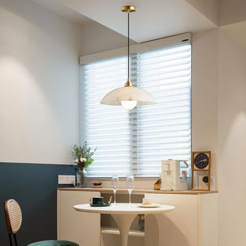 Alabaster Dome Pendant Light, Hanging Light 12'' Dia in Brass for Living Room