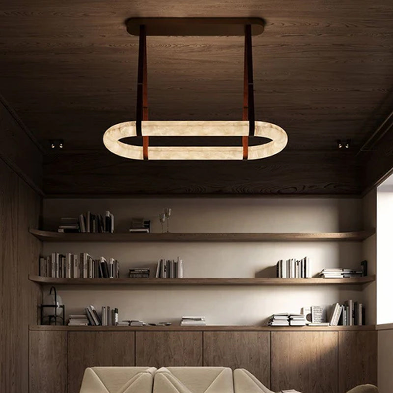 Oval Alabaster LED Large Pendant lamp with adjustable leather, Dia 16/24"