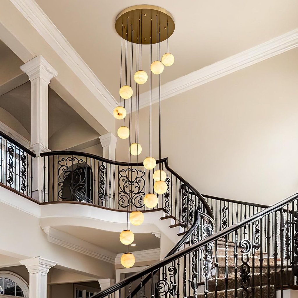 Gold Alabaster Chandelier,14-Lights Staircase Chandelier for Entryway, Modern Marble Hanging Light Fixture, Hight Ceiling, Foyer, Living Room, Staircase, Entry