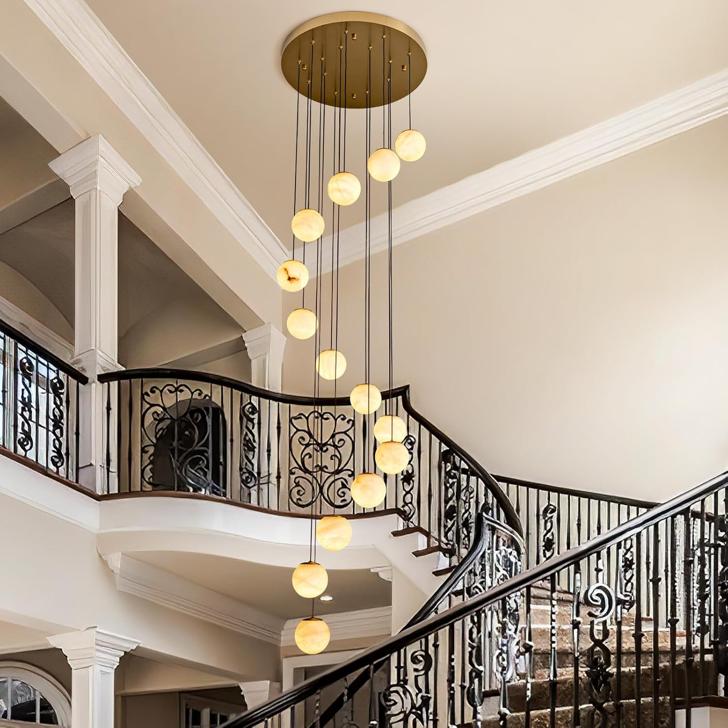 Gold Alabaster Chandelier,14-Lights Staircase Chandelier for Entryway, Modern Marble Hanging Light Fixture, Hight Ceiling, Foyer, Living Room, Staircase, Entry