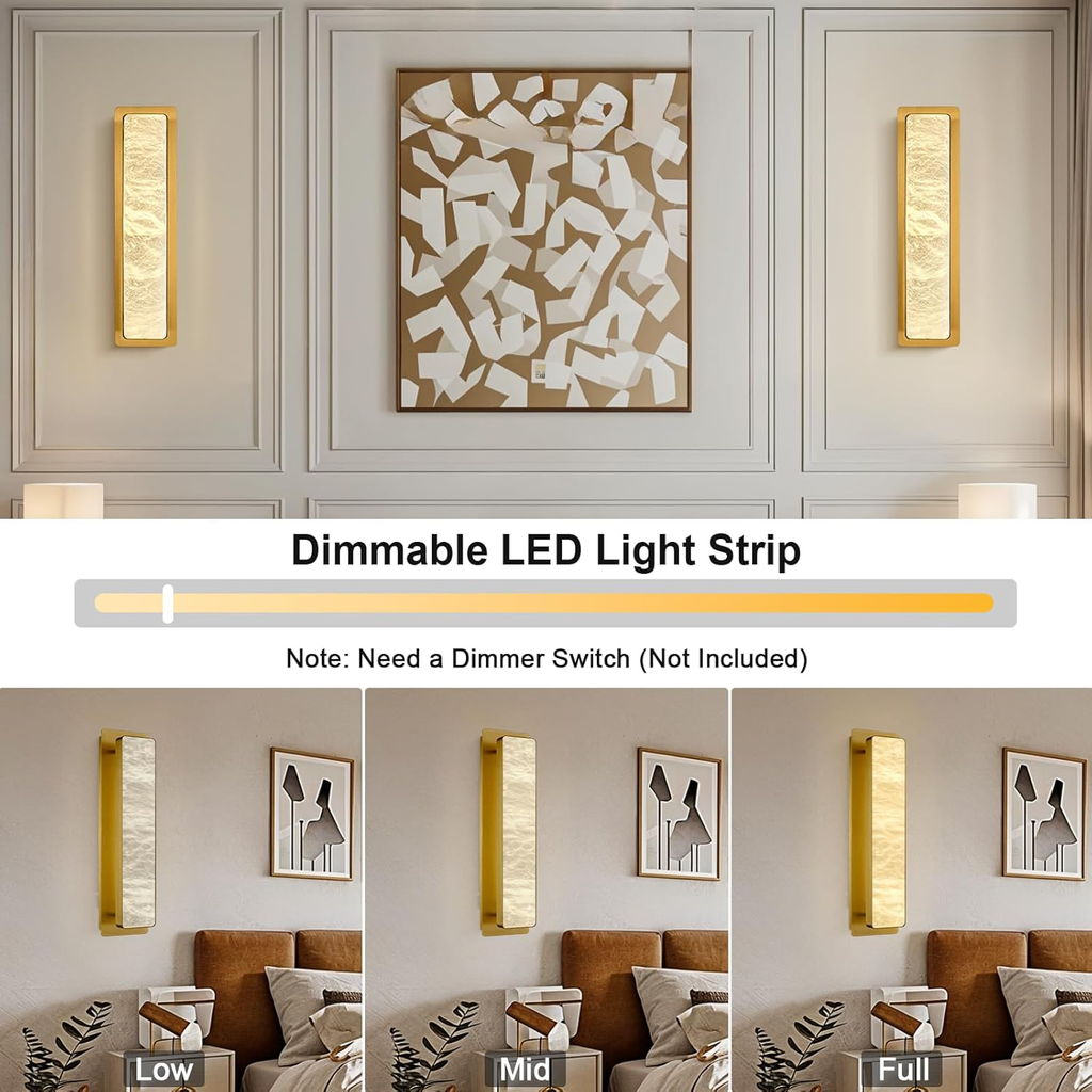 19.7" Brass Alabaster Wall Sconces, Natural Wall Sconce Set of Two, Gold Marble Sconce, Large Rectangular Bedside Wall Lamp Perfect for Hallway, Living Room, Stairs, Dining Room, Bedroom
