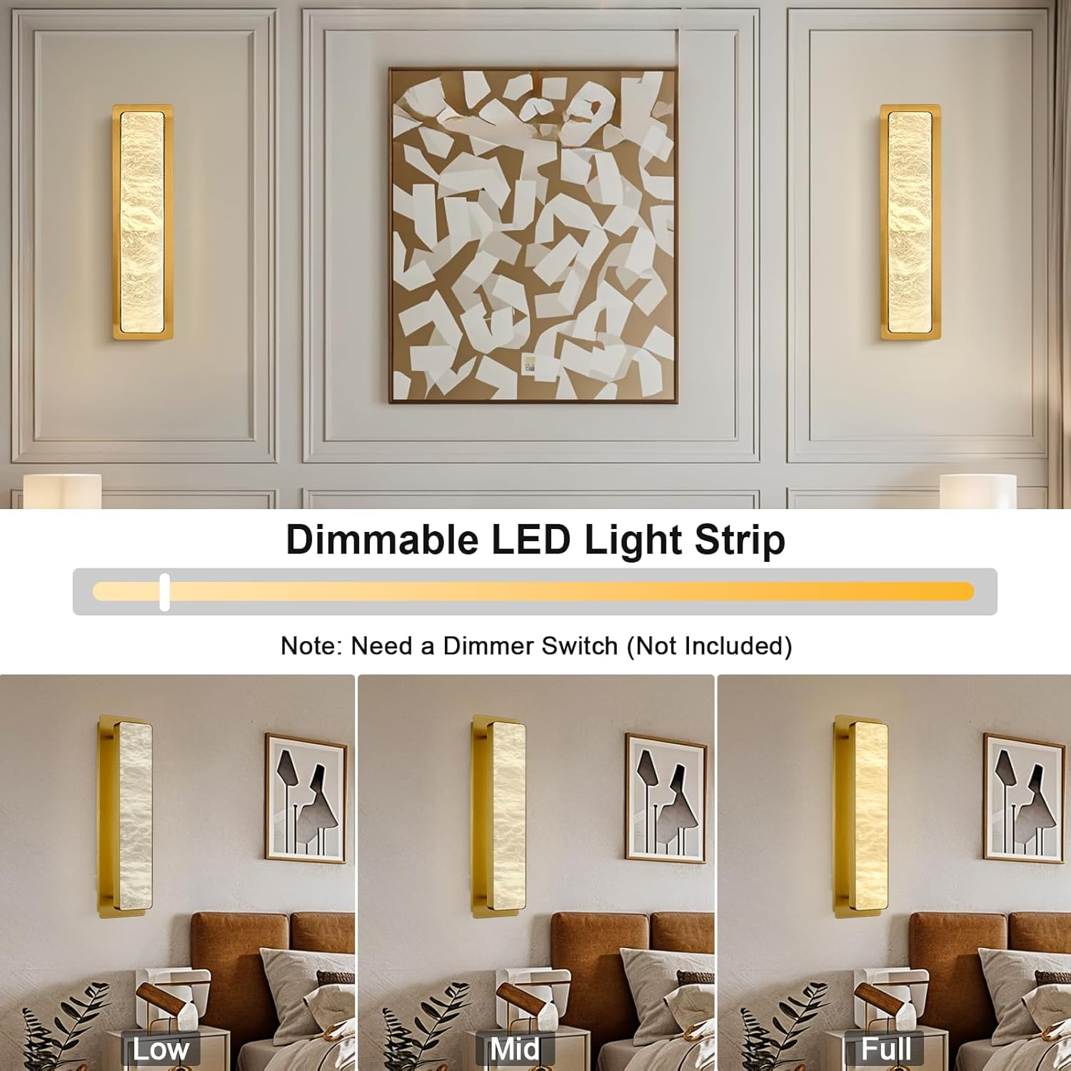 19.7" Brass Alabaster Wall Sconces, Natural Wall Sconce Set of Two, Gold Marble Sconce, Large Rectangular Bedside Wall Lamp Perfect for Hallway, Living Room, Stairs, Dining Room, Bedroom