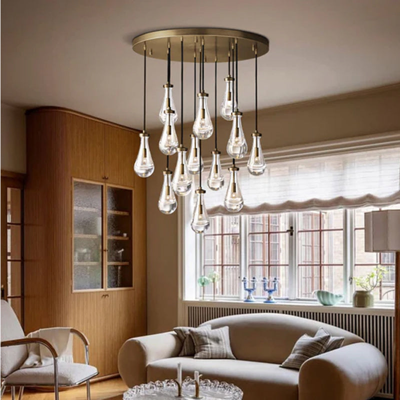 Vintage Brass Rainfall Crystal Round Chandelier 13 lights Cluster Pendant Lighting