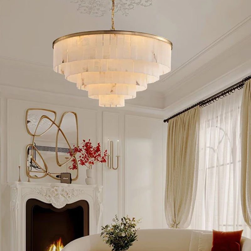 2 Tier Alabaster Chandelier lamp 120CM in brass for dining room