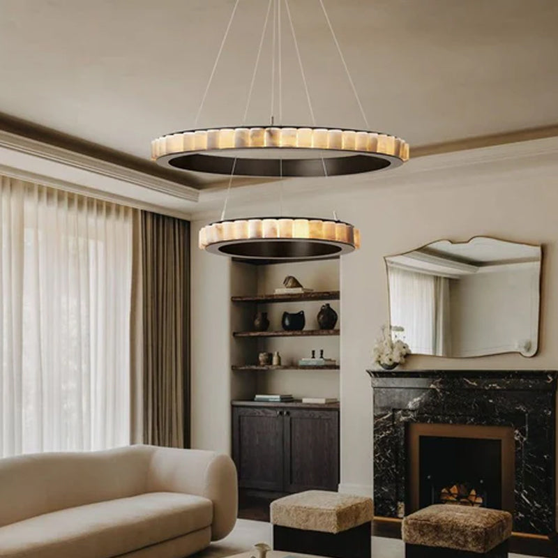 Triple Ring Alabaster Long Cord Chandelier Wide 22" 33" 49" | Brush Black/Gold Frame