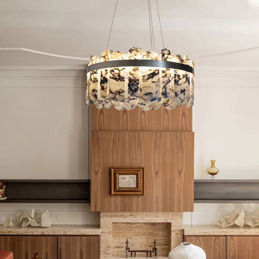 Modern LED Marble Round Chandelier 24" 32" Brushed Gold/Silver/Black Circle Frame