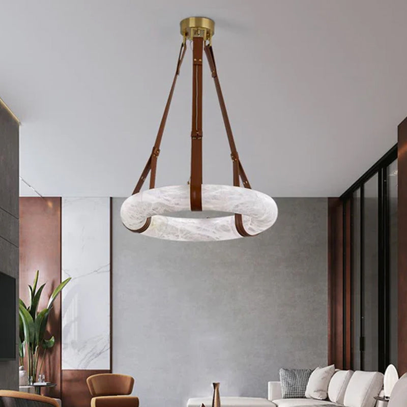 Round LED White Marble Pendant lamp with adjustable leather, Dia 12/16"