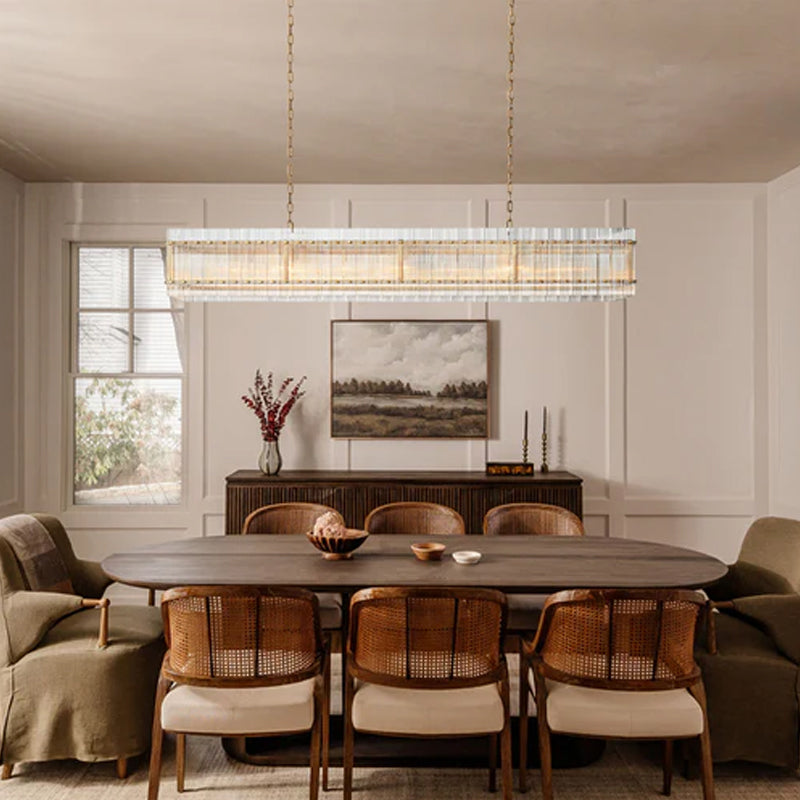 San Marco Rectangular Ribbed Glass Chandelier 40" 60" 72" in Antiqued Brass/Black Steel