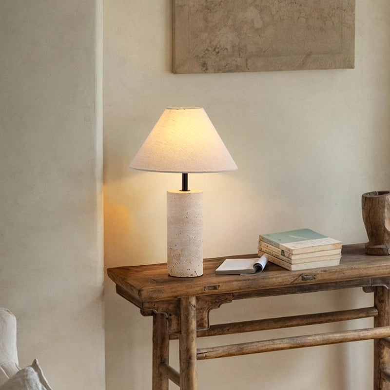 Yellow travertine table lamp with white lampshade