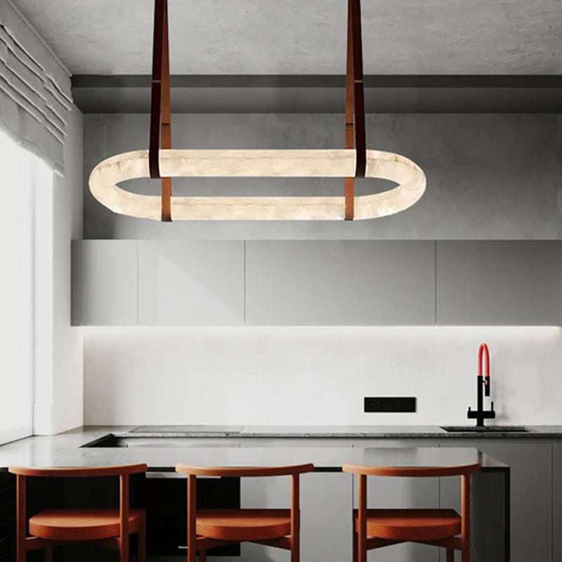 Oval Alabaster LED Large Pendant lamp with adjustable leather, Dia 16/24"