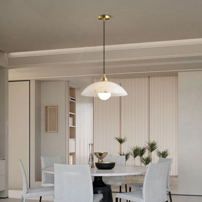 Alabaster Dome Pendant Light, Hanging Light 12'' Dia in Brass for Living Room