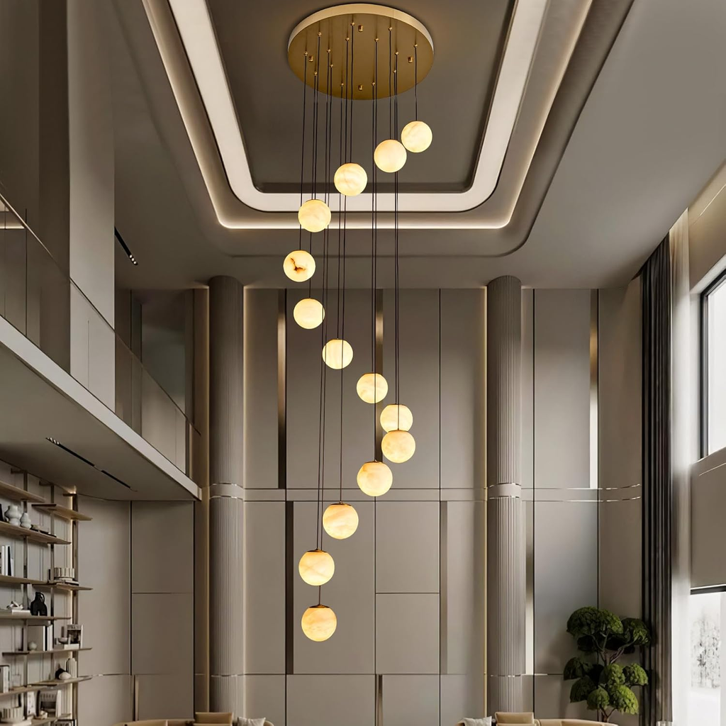 Gold Alabaster Chandelier,14-Lights Staircase Chandelier for Entryway, Modern Marble Hanging Light Fixture, Hight Ceiling, Foyer, Living Room, Staircase, Entry