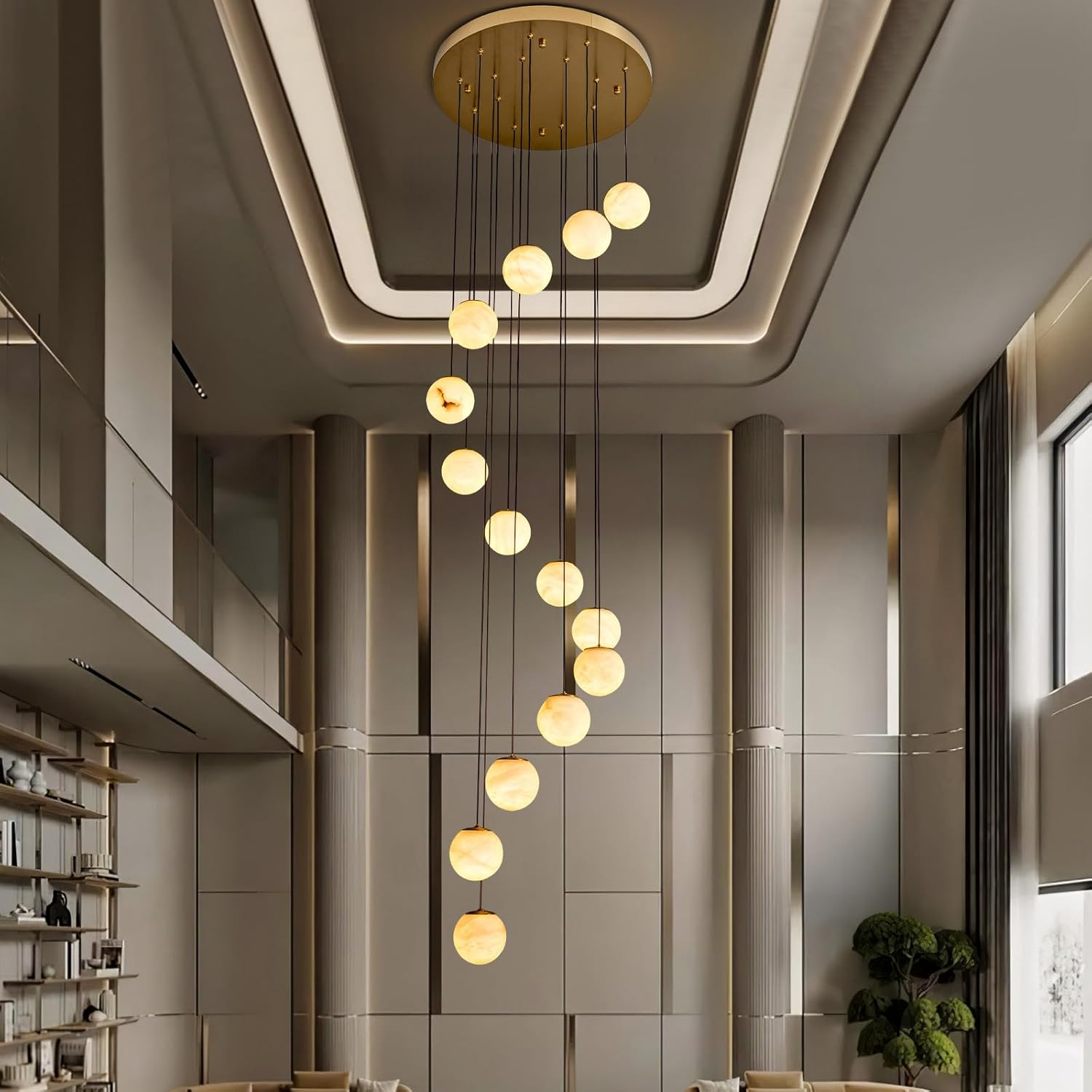 Gold Alabaster Chandelier,14-Lights Staircase Chandelier for Entryway, Modern Marble Hanging Light Fixture, Hight Ceiling, Foyer, Living Room, Staircase, Entry