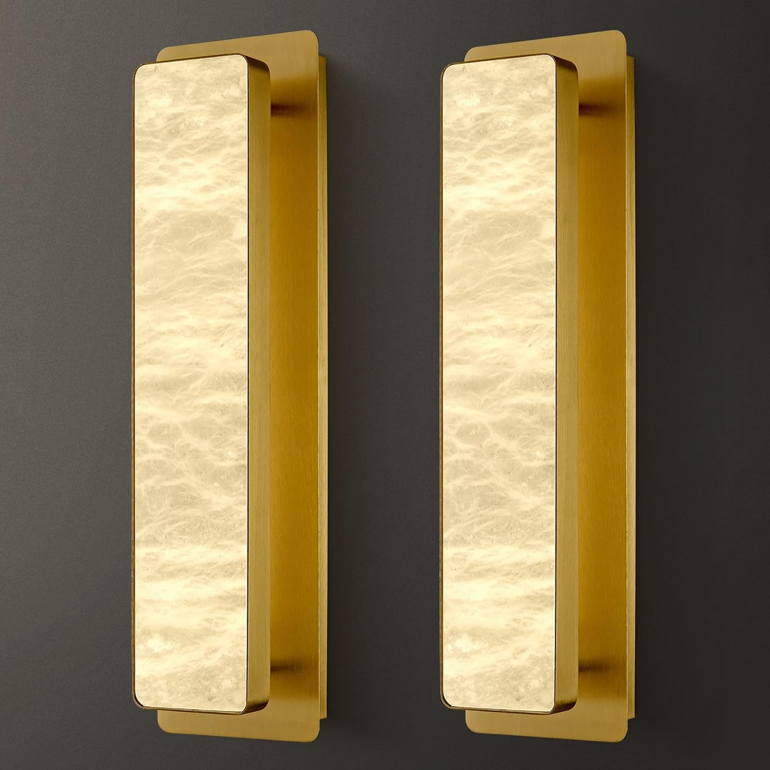19.7" Brass Alabaster Wall Sconces, Natural Wall Sconce Set of Two, Gold Marble Sconce, Large Rectangular Bedside Wall Lamp Perfect for Hallway, Living Room, Stairs, Dining Room, Bedroom