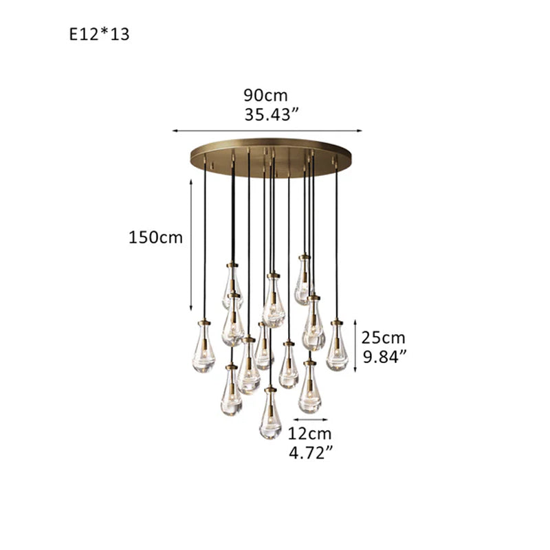 Vintage Brass Rainfall Crystal Round Chandelier 13 lights Cluster Pendant Lighting
